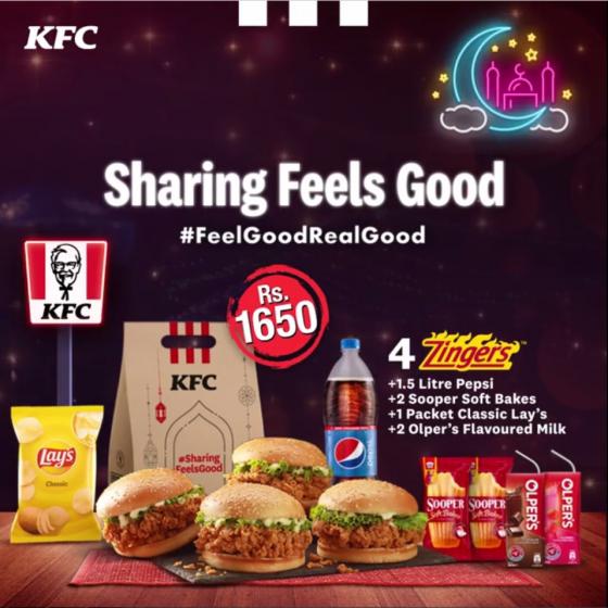 KFC Ramadan Iftar deal! 4 Zingers, Sooper, Lay's & Drinks Just Rs.1650 What's On Sale
